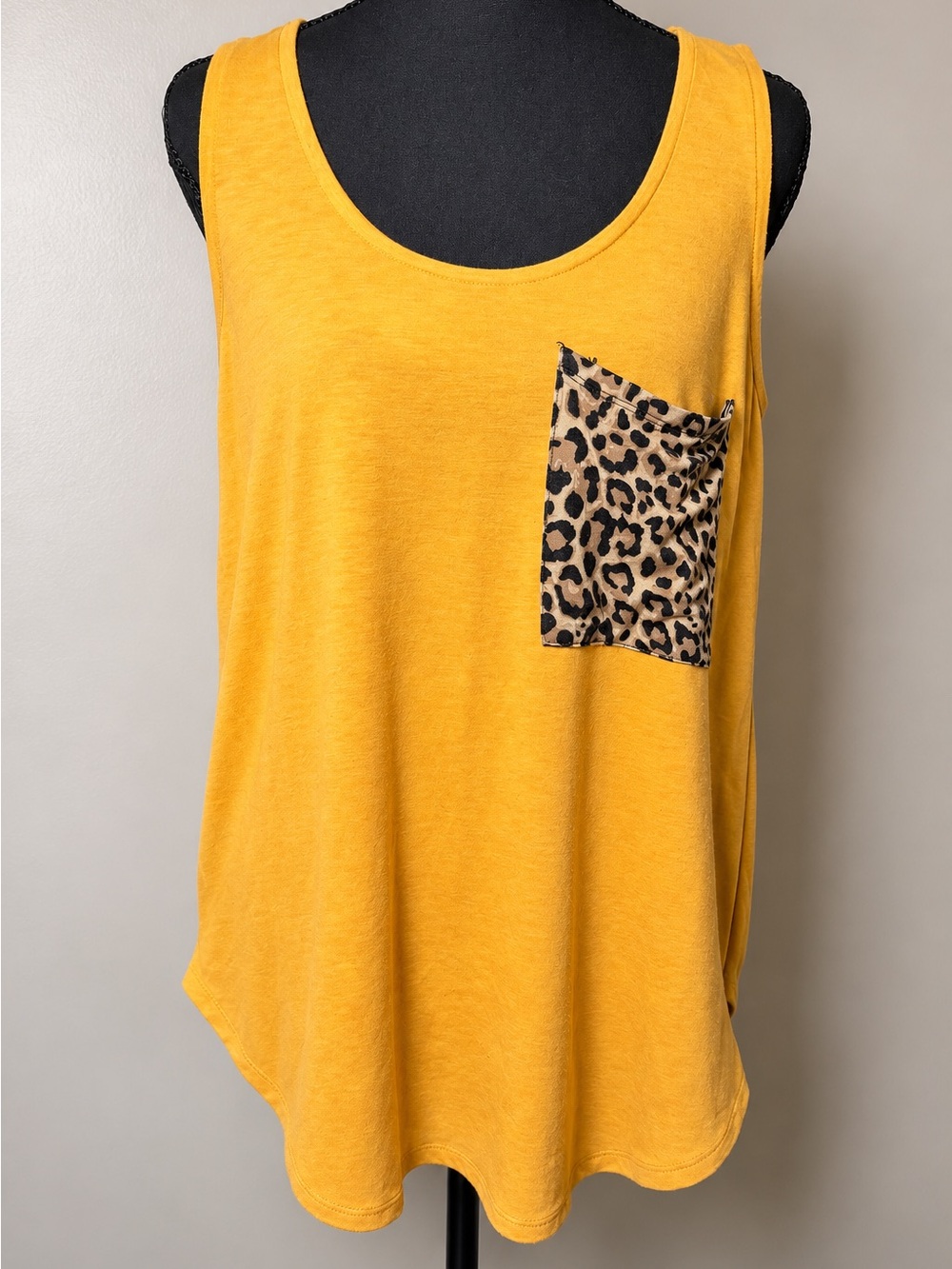 Zenana Outfitters Mustard Yellow Sleeveless Tank with Leopard Pocket